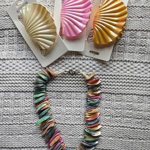 Vintage HAWAIIAN Real Shell Rainbow Mermaid Necklace And 3 Shell Hair Clips Set